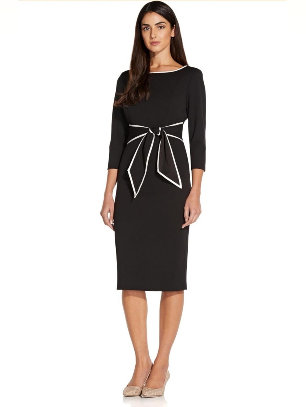 Adrianna Papell Long Sleeve Classic Black Sheath Dress with White Trim and Belt